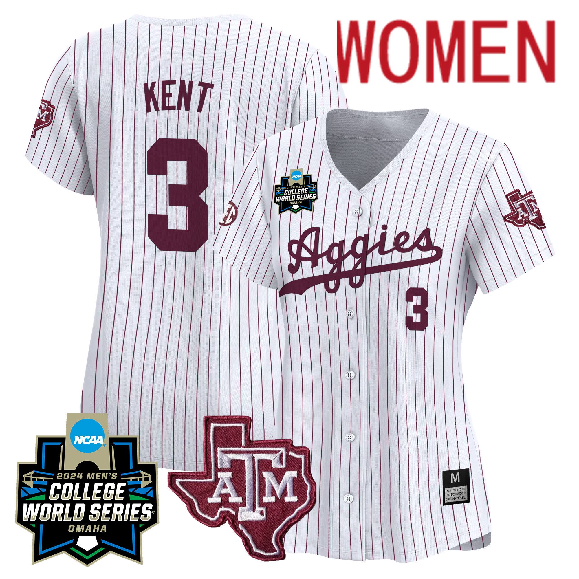 Women Texas A&M Aggies #3 Kent White Stripe 2024 College World Series Vapor Premier Limited NCAA Jersey->women nfl jersey->Women Jersey